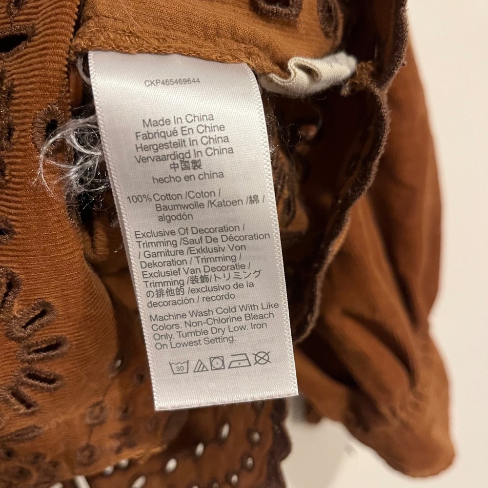 Madewell Shirt Embroidered Eyelet Corduroy Tie-Sleeve Top Brown Square Neck Med - Picture 8 of 8